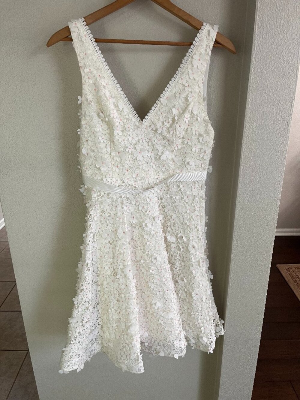 DB Studio V-Neck Floral Lace Tea-Length Wedding Dress with Ribbon Belt (Altered)